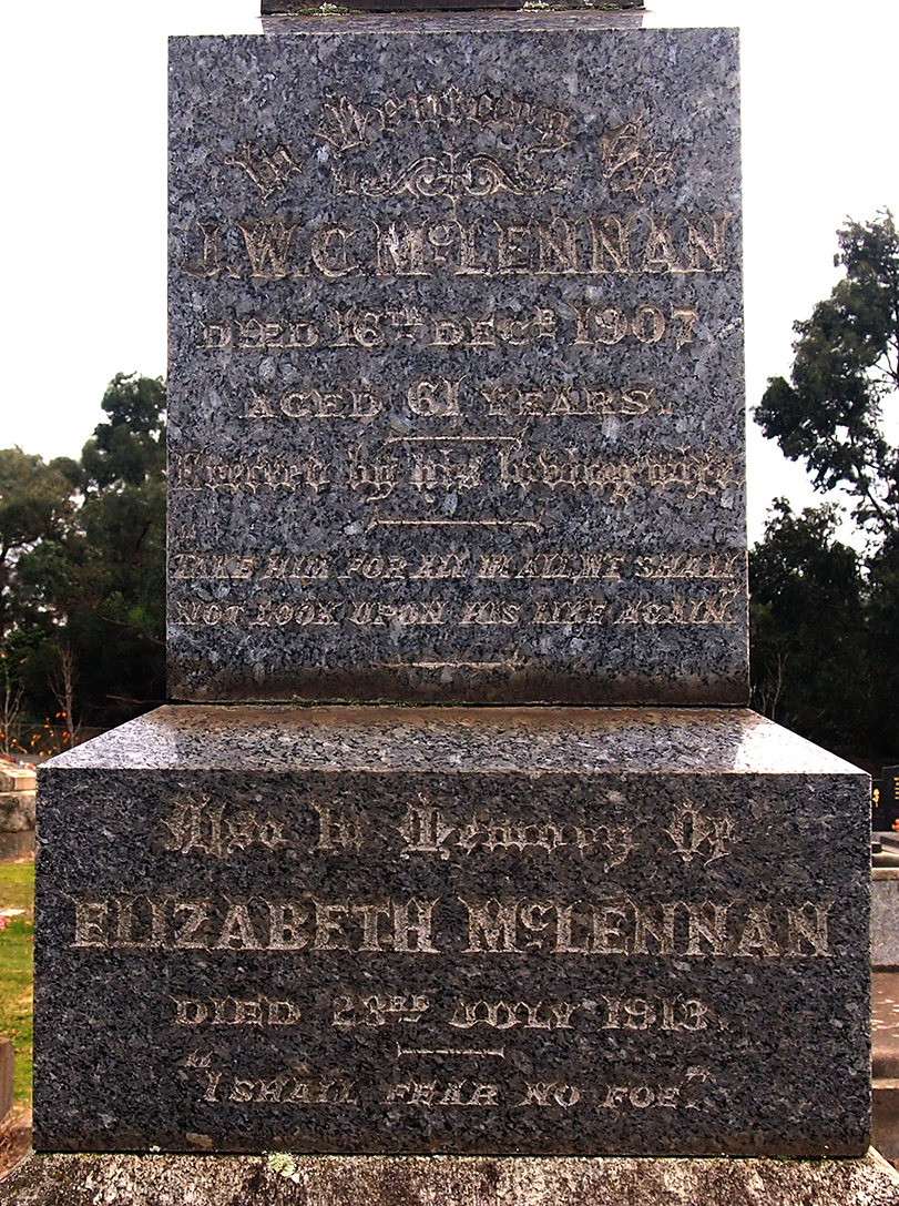 Photo of headstones/J W C McLennan d1907 hdstn detail Cranbourne cem Vic
